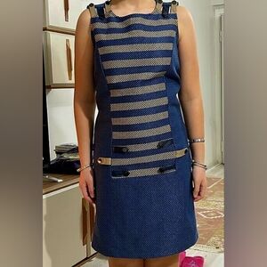 Blue and Beige Striped Dress With Unique Leather & Buttons Details. NWT SIZE M